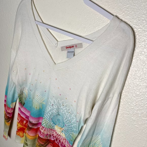 Desigual | Multi Print Colorful Embroidered Sequin Pullover Sweater - Picture 3 of 7
